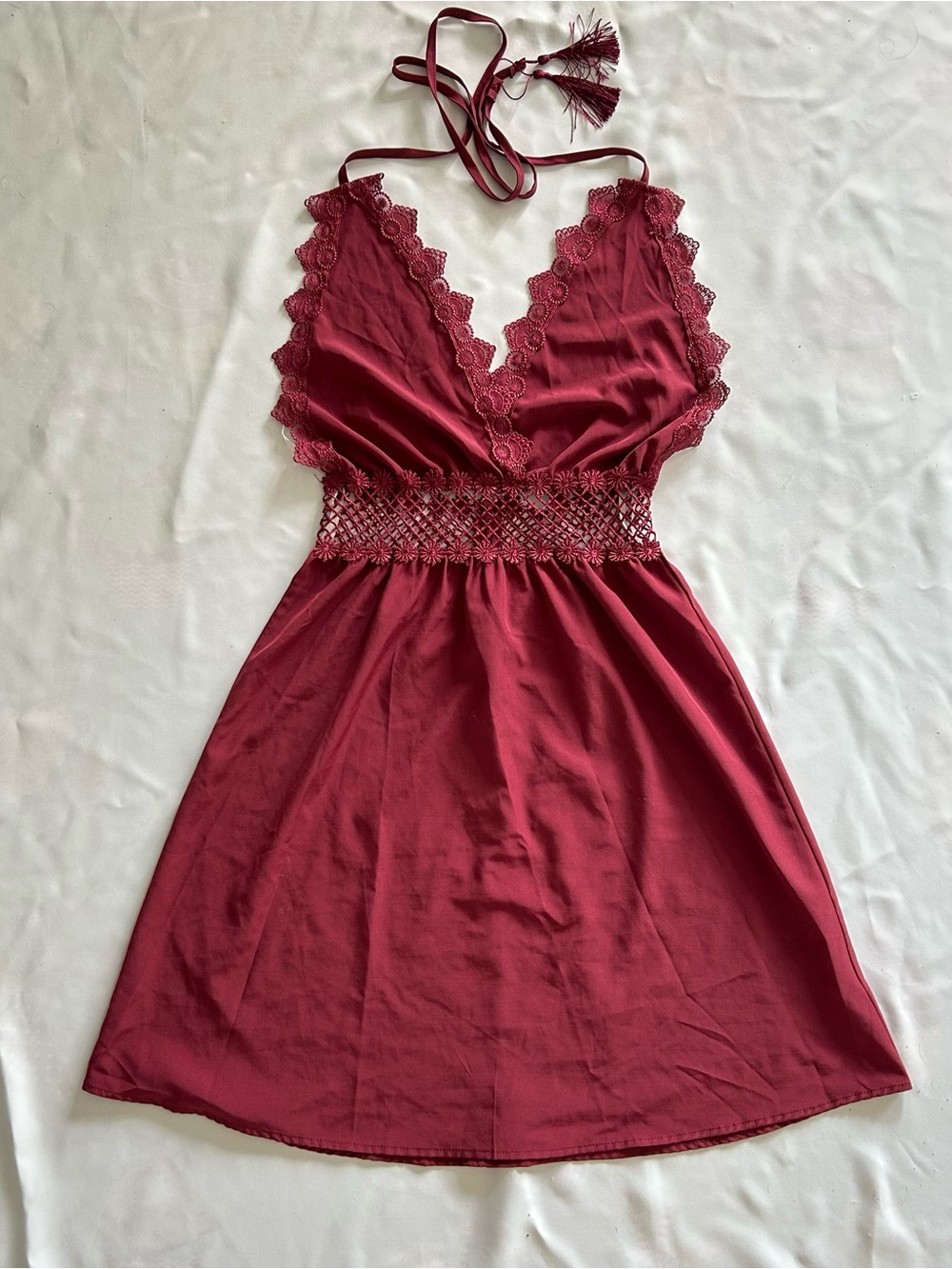 NWOT Size Small Burgundy Maroon Dress Lace Trim Cut Out Tie Back Open Back